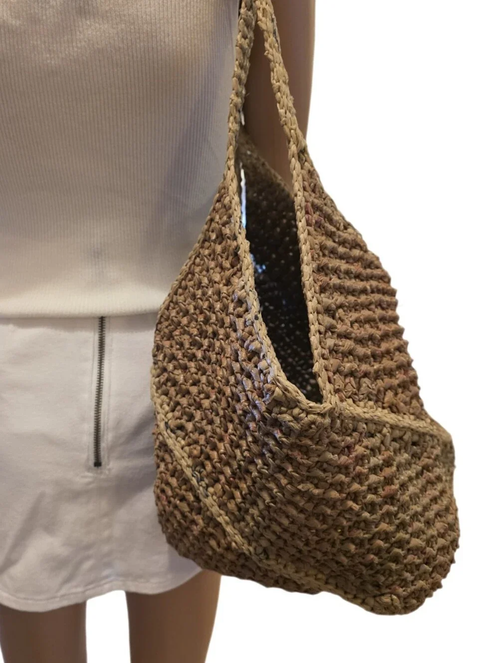 Upcycled Woven Plarn Tote Bag Eco-Friendly Boho Double Strap Shoulder Bag